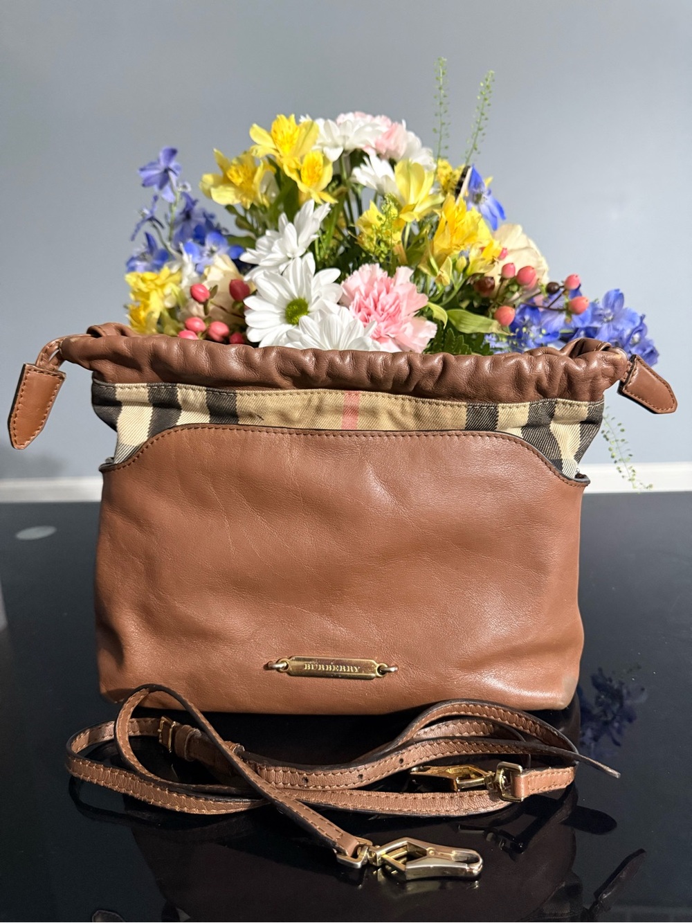 Burberry Tan Leather Crossbody with Signature Check Trim